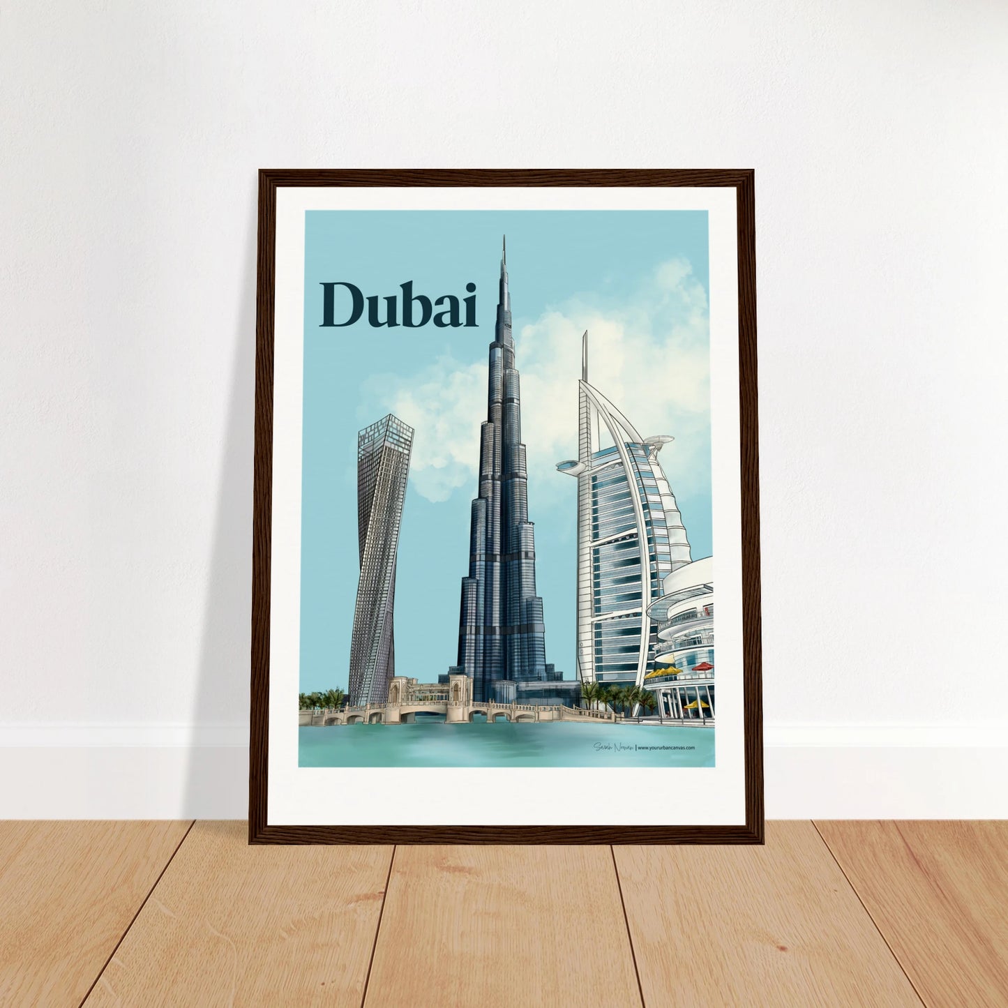 Dubai - Bold Typography city print, 30x40cm with dark wood frame - showcasing Burj Khalifa, Burj Al Arab, Cayan Tower, and Dubai Mall in vivid, striking detail. A statement wall art piece for modern interiors.