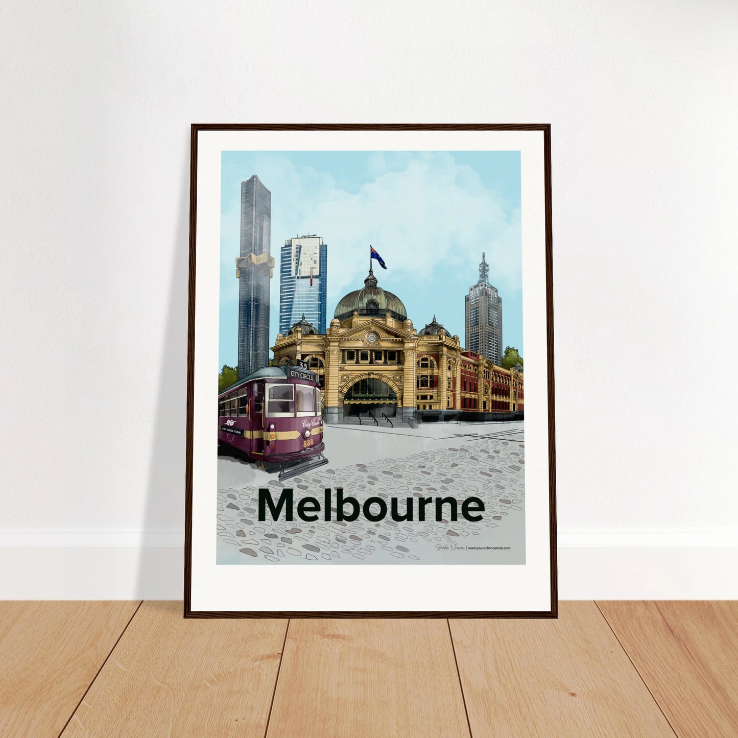 Melbourne - Bold Typography print, size 60x80cm, framed in dark wood, featuring Melbourne's iconic landmarks with intricate typography and a bold design.