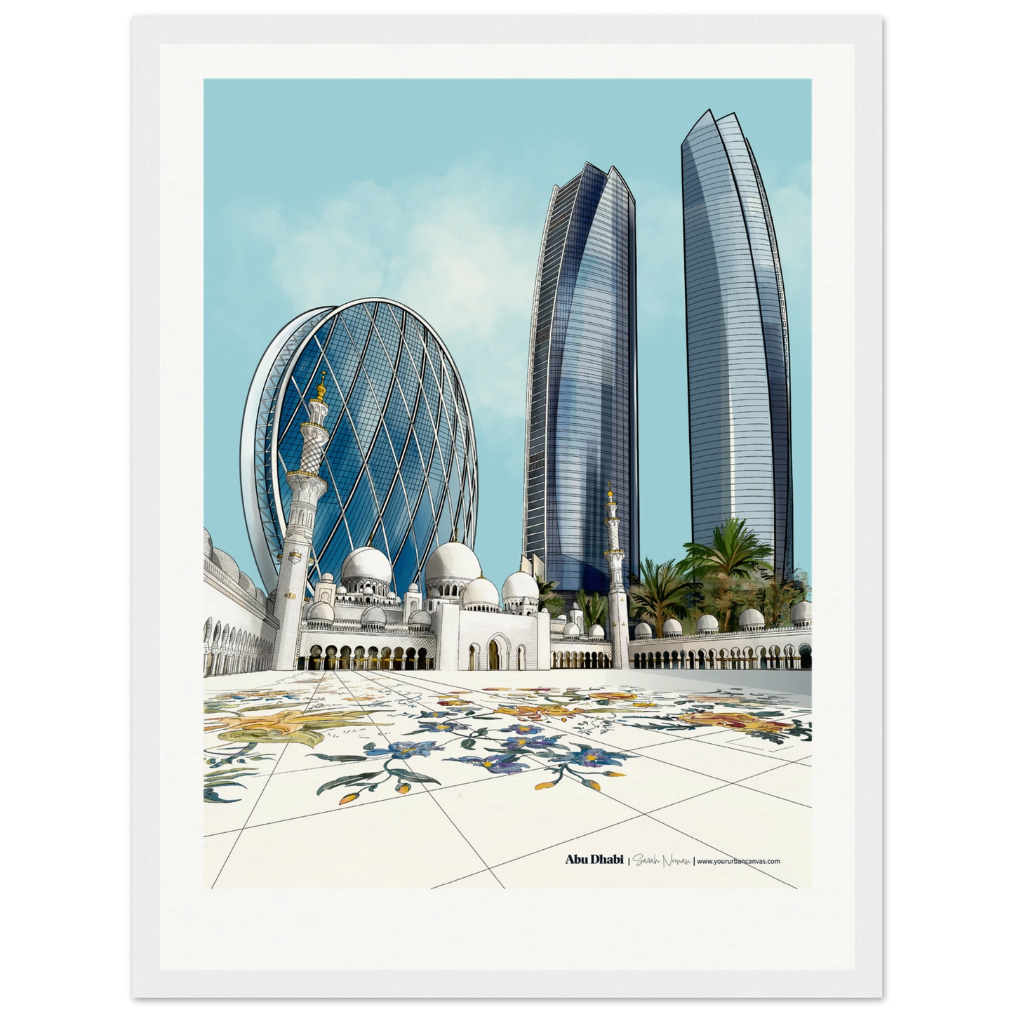 Abu Dhabi - Add your message - elegant Subtle Typography city print,30x40cm with white frame - featuring Sheikh Zayed Grand Mosque, Aldar HQ, and Etihad Towers - wall art by Your Urban Canvas