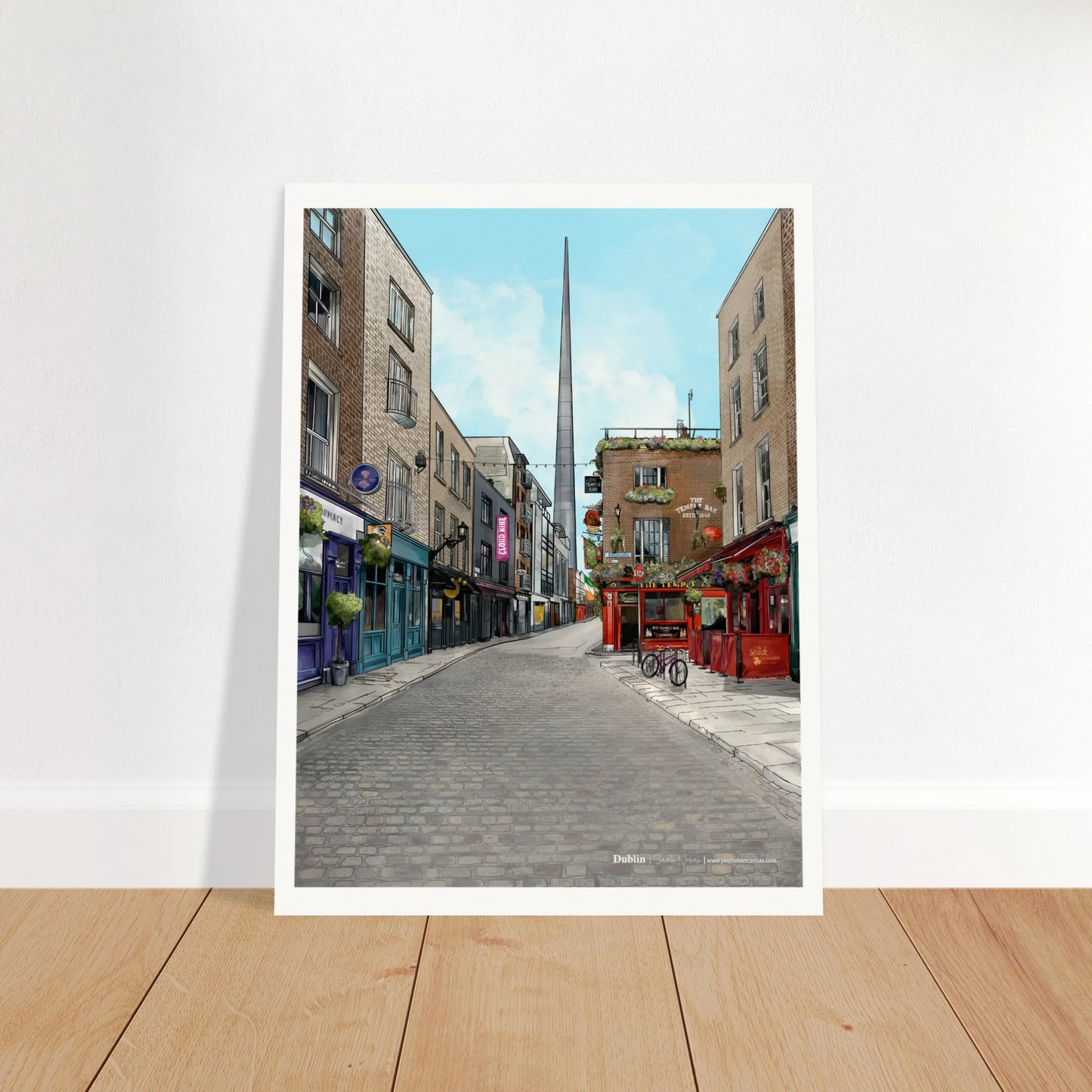 Dublin - Subtle Title print, size 60x80cm, featuring the charming cobbled streets of Temple Bar with its rich period buildings, shopfronts, and The Spire in the distance.