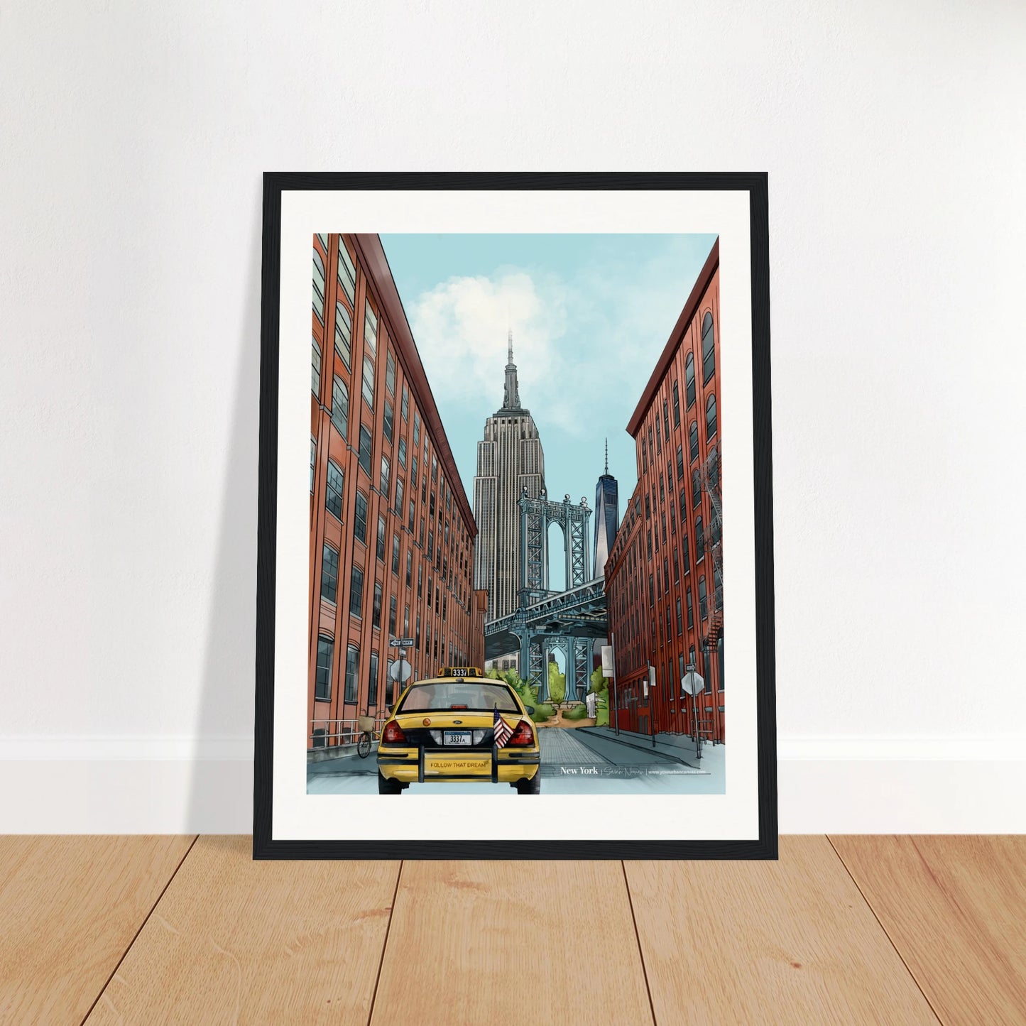 New York - Subtle Title print, size 30x40cm, framed in black, capturing the vibrant streets of New York with the Dumbo Manhattan Bridge and the yellow cab.