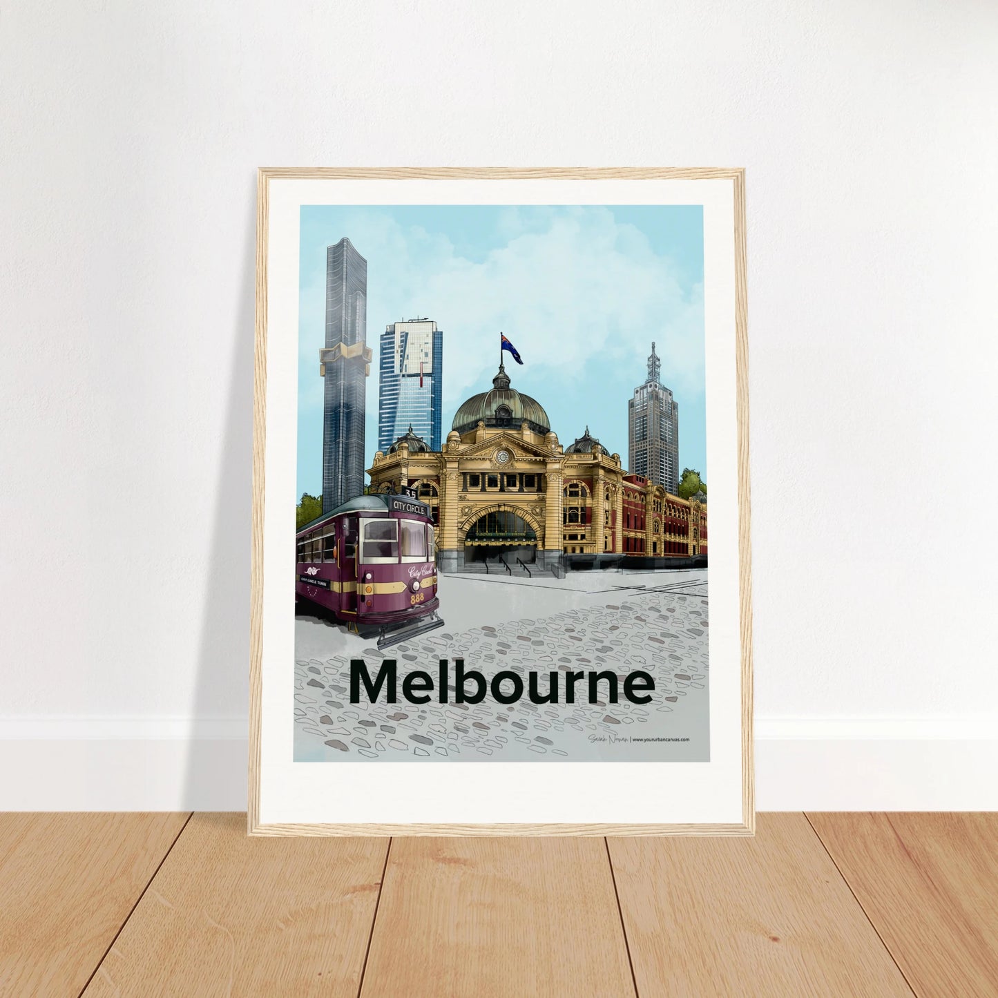 Melbourne - Bold Typography print, size 45x60cm, framed in natural wood, highlighting the city's mix of old and new architecture