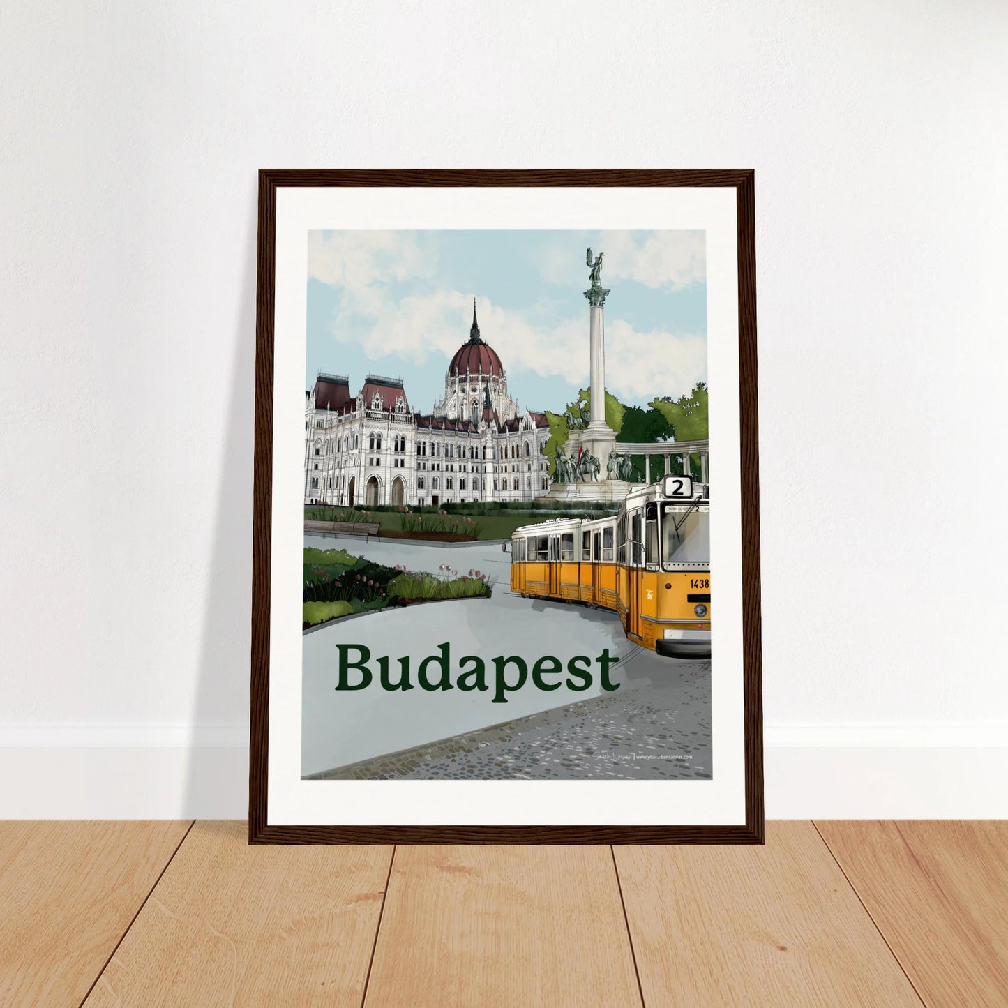 Budapest - Bold Typography print, size 30x40cm, framed in dark wood, highlighting bold typography with iconic hungarian landmarks. 