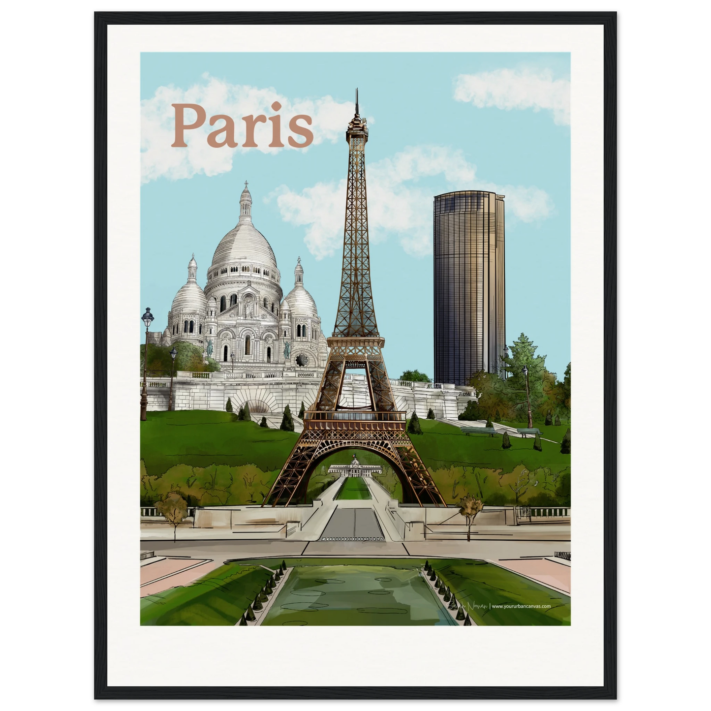 Paris - Personalise your Bold Typography city print, 45x60cm, with black frame - highlighting the Eiffel Tower, Sacre-Coeur, and Tour Montparnasse, capturing the contrast of Parisian architecture against a warm city glow.