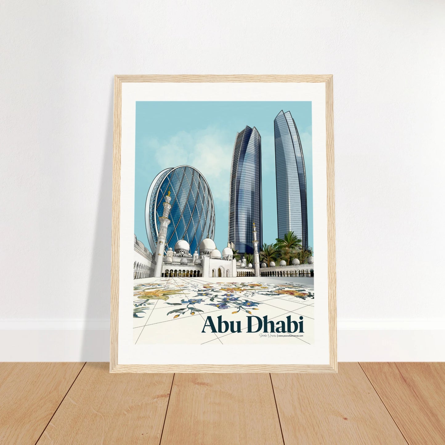 Abu Dhabi - Elegant Bold Typography city print, 30x40cm in wood frame, UAE architecture and skyline