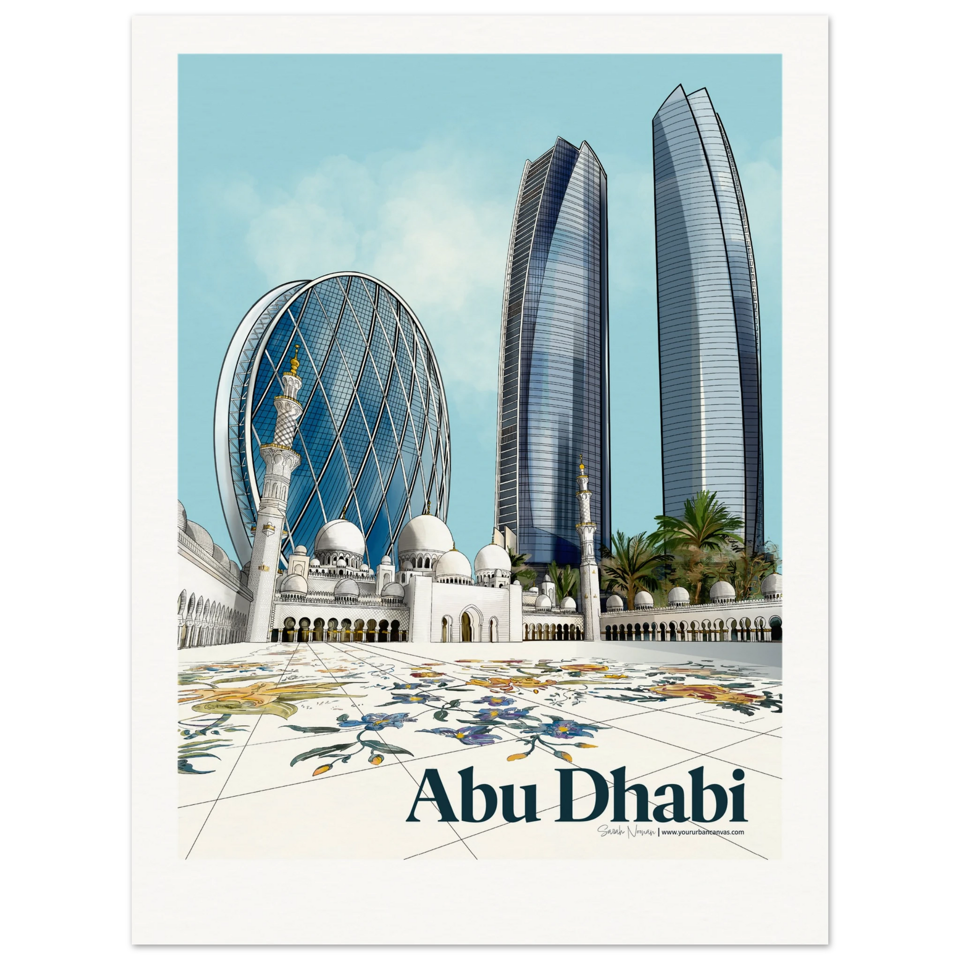Abu Dhabi - Elegant Bold Typography cityscape print, showcasing  Sheikh Zayed Mosque, Aldar HQ, Etihad Towers. Very detailed architectural features. Vibrant blue, yellow and purple tones. 