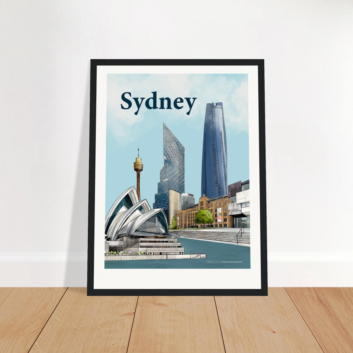 Sydney - Bold Typography print, size 30x40cm, framed in black wood, highlighting the Sydney skyline with the Opera House, MCA, Sydney Harbour, and famous skyscrapers like One Barangaroo and Quay Quarter Tower.